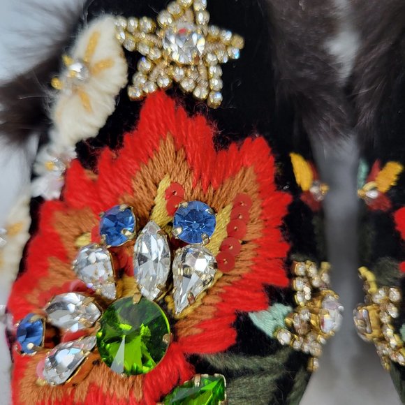 NWB~$695~GEDEBE~35/5~BLACK EMBELLISHED RHINESTONE REAL FUR FLATS MULES SHOES - Picture 3 of 16